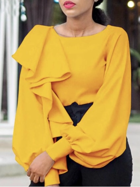 

Work Ruffled Crew Neck Lady Top, Yellow, Blouses and Shirts