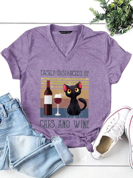 

Easily DIstracted By Cats And Wine Women Funny Tshirt, Purple, T-shirts