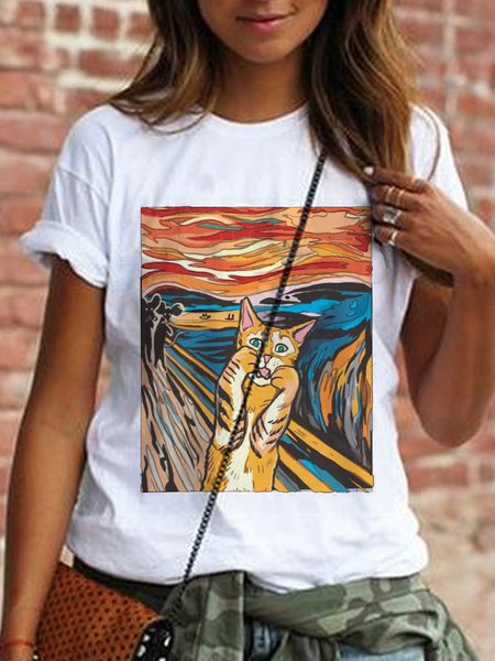 

Funny Kitten Meow Oil Painting Casual Short Sleeve Shirts & Tops, White, T-shirts