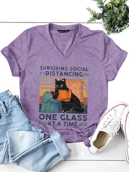 

Surviving Social Distancing Funny Cat Wine Women Tshirt, Purple, T-shirts