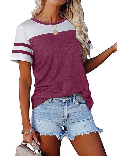 

Color-block Crew Neck Short Sleeve Casual Shirts & Tops, Fuchsia, T-Shirts