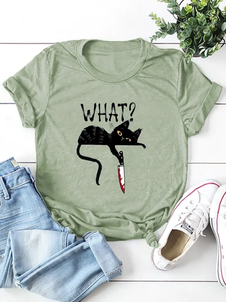 

Cat With Knife Women's Short Sleeve Shift Crew Neck Shirts & Tops, Army green, T-shirts