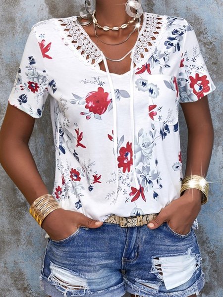 

Casuale Stampato Maniche Corte Camicie & Top, Bianco, Blouses & Shirts