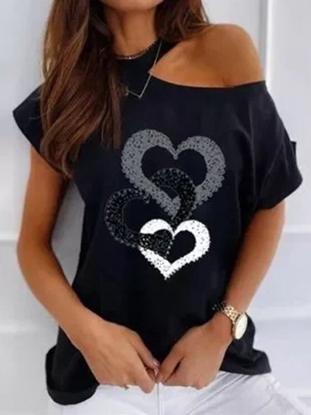 

Elasticity Short Sleeve Casual Abstract Shirts & Tops, Black, Tops