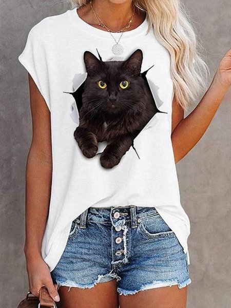 

Cat Graphic 3D Casual Shirts & Tops, White, T-shirts
