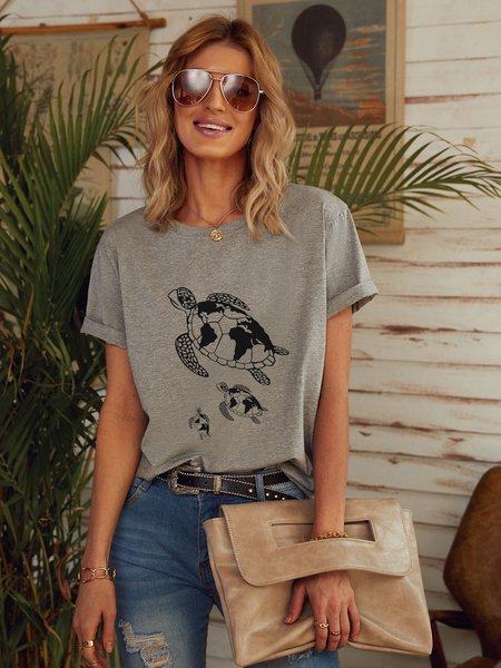 

Sea Turtle World Map Cotton Shirts & Tops, Gray, T-shirts