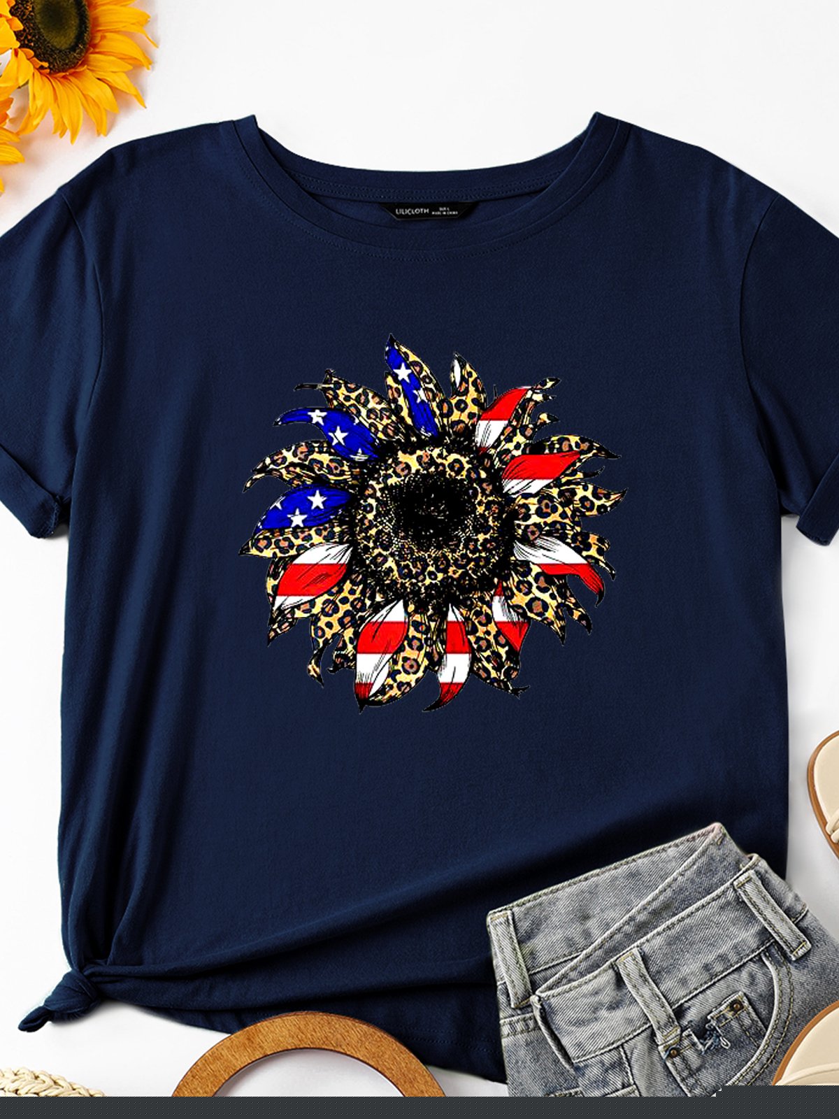 

Leopard Sunflower Print Women's Cotton Short Sleeve Shirts & Tops, Deep blue, T-shirts