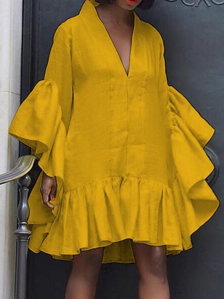

Vintage Solid 3/4 Sleeve Ruffled Dress, Yellow, Mini Dresses