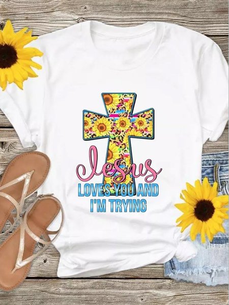 

Jesus Loves You And I M Trying Sunflowers Women Tshirt, White, T-shirts