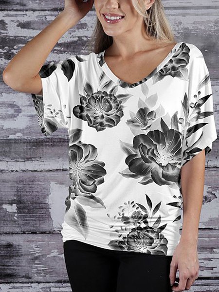 

Short Sleeve V Neck Casual Floral Shirts & Tops, White, T-Shirts