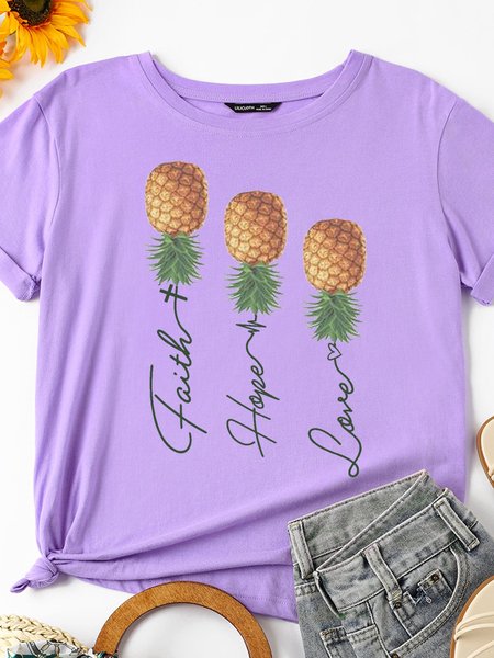 

Faith Hope Love Funny Pineapple Women's Crew Neck Short Sleeve Cotton Shirts & Tops, Purple, T-shirts