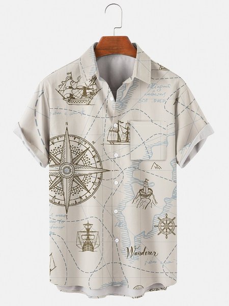 

Mens Navigation Print Casual Lapel Pocket Short Sleeve Hawaiian Shirts, Khaki, Men's Floral shirt
