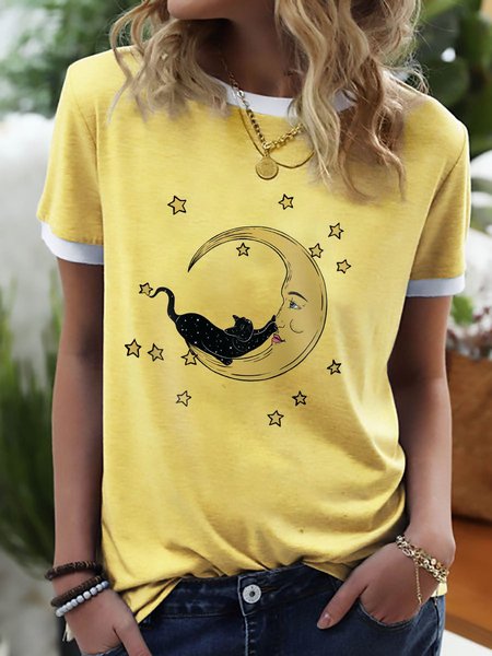 

Black Cat And Moon Graphic Short Sleeve Ringer Tee, Yellow, T-shirts