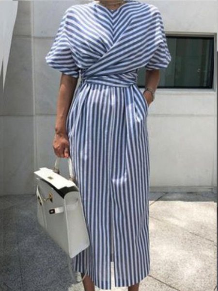 

Short Sleeve Stripes Shift Crew Neck Midi Dress, Blue, Midi Dresses