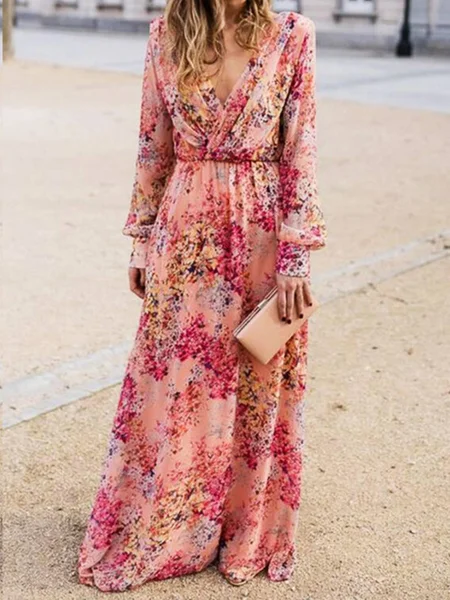 

V Neck Casual Floral-Print Long Sleeve Weaving Dress, Pink, Maxi Dresses