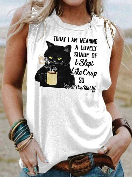 

Cat Casual Sleeveless Shirts & Tops, White, Tank Tops