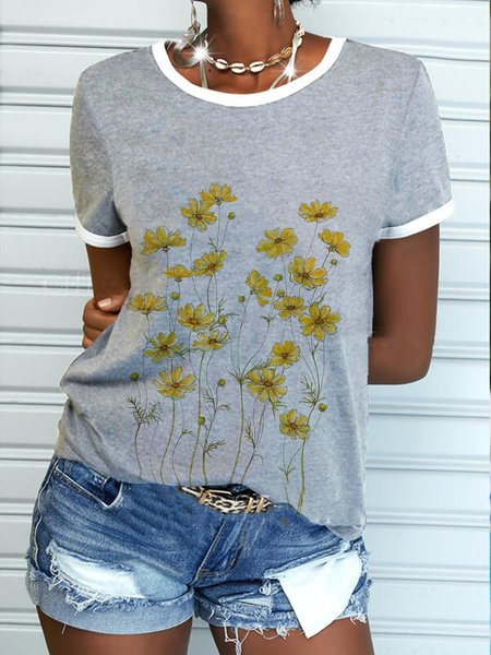 

Maniche Corte Floreale Casuale Girocollo Camicie & Top, Grigio, T-Shirts