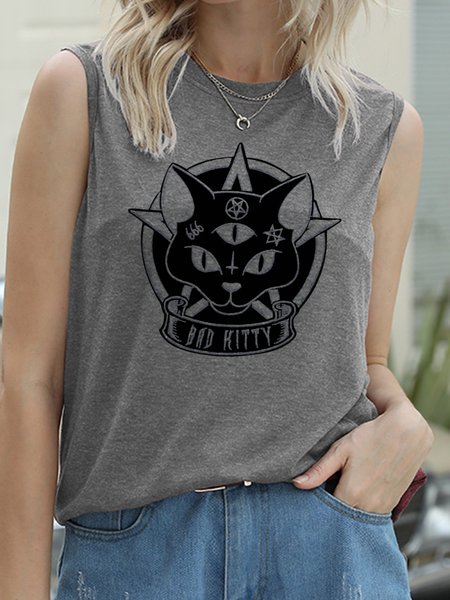 

Cat Cotton-Blend Sleeveless Crew Neck Vests, Gray, Tank Tops