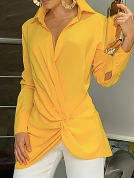 

Fall Daily Shirt Collar A-line Spring Casual Top, Yellow, Blouses and Shirts