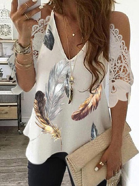 

Vintage Pizzo Mezza Manica Piuma Stampato Scollo a V taglia grande Casuale Top, Bianco, Blouses & Shirts