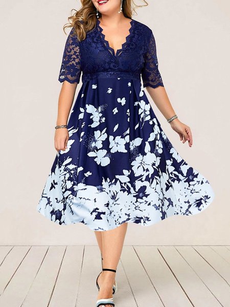 

V Neck A-Line Half Sleeve Floral Dresses, Blue, Casual Dresses