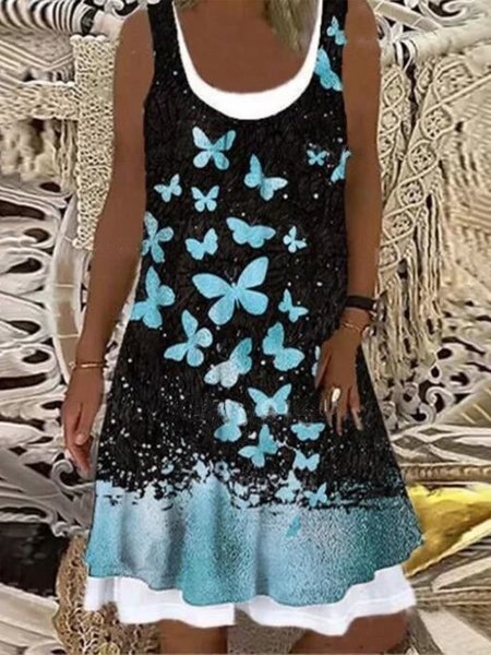 

Vintage senza maniche Farfalla Stampato U Collo Gonna Casuale, Blu, Dresses