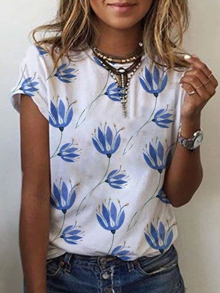 

Printed Short Sleeve Crew Neck Casual Shirts & Tops, White, T-Shirts