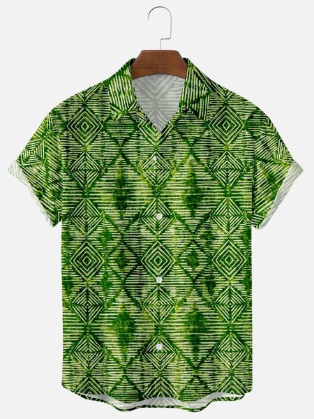 

Mens Retro Geo&Striped Print Casual Lapel Short Sleeve Hawaiian Shirts, Green, Men's Floral shirt