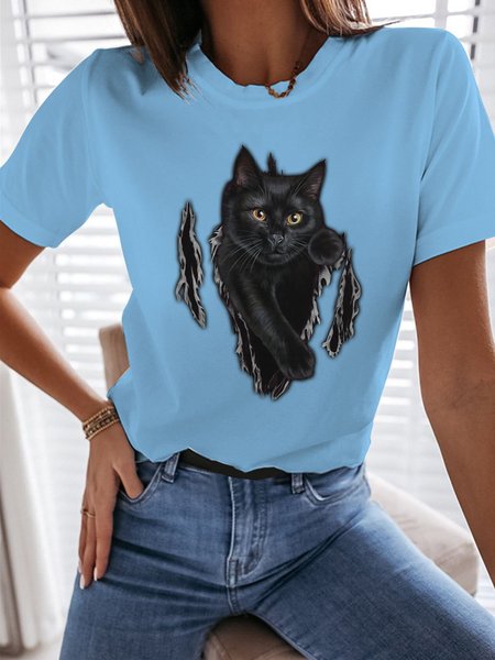 

3D Black Cat Graphic Short Sleeve Loose Tee, Light blue, T-shirts