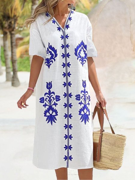 

Casual Short Sleeve Tribal Shift Dresses, White, Casual Dresses