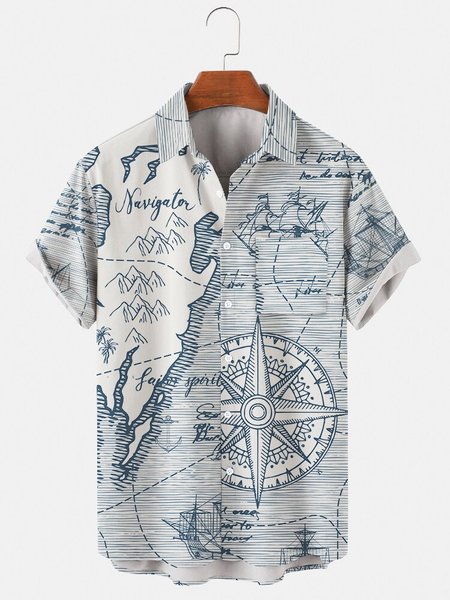 

Mens Navigation Print Casual Lapel Pocket Short Sleeve Hawaiian Shirts, Blue, Men's Floral shirt