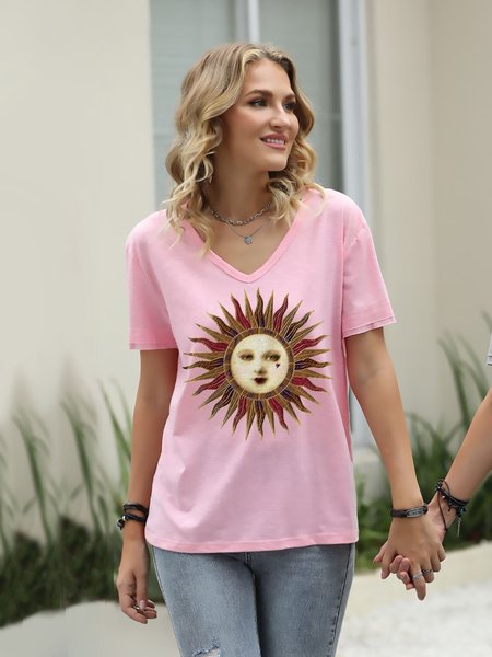 

Sun Graphic Short Sleeve Loose Tee, Pink, T-shirts