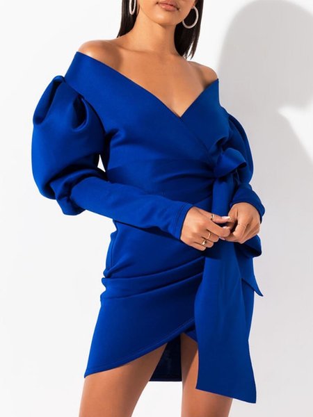

Elegant Solid Bodycon V Neck Party Dress, Blue, Mini Dresses