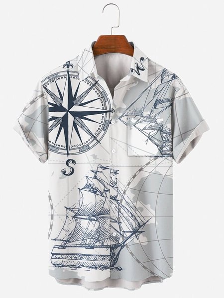 

Mens Navigation Print Casual Lapel Pocket Short Sleeve Hawaiian Shirts, Gray, Men's Floral shirt