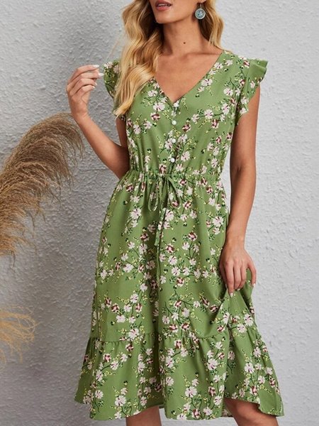 

Stampato Floreale Di base Poliestere Cotone Abito, Verde, Dresses