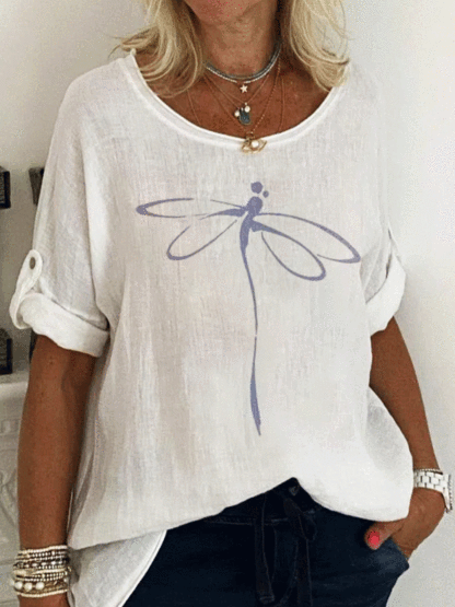 

Round Neck Dragonfly Print Long-sleeved Loose Blouse, White, T-Shirts