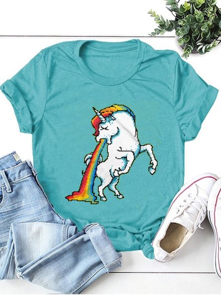 

Unicorn Casual Crew Neck Cotton Shirts & Tops, As picture, T-shirts