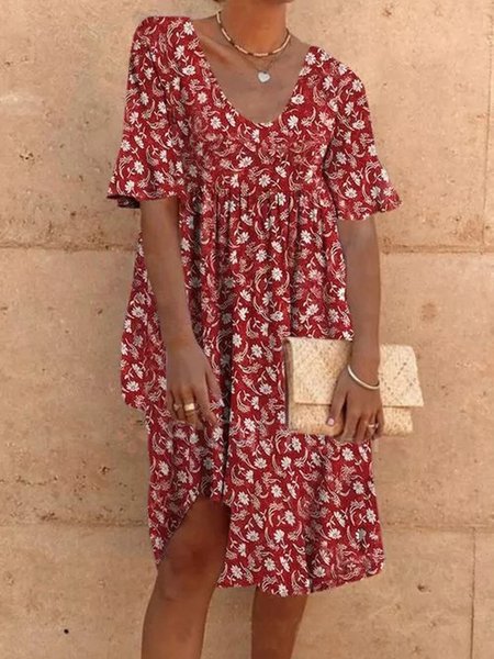 

Cotton-Blend Short Sleeve Shift Casual Dresses, Crimson, Boho dresses
