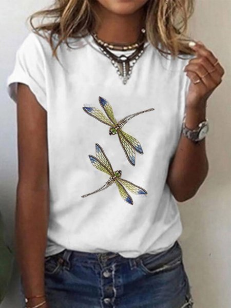 

White Dragonfly Printed Round Neck Casual Short Sleeve Shift Shirts & Tops, Tops