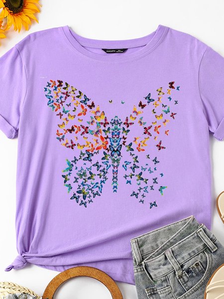 

Butterfly Splash Abstract Broken Wing Women's Casual Crew Neck Cotton Short Sleeve Shirts & Tops, Purple, T-shirts
