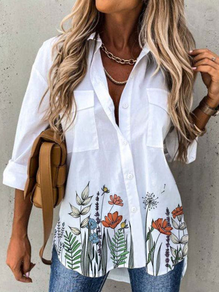 

Floral Casual Long Sleeve Cotton-Blend Shirts & Tops, White, Tops