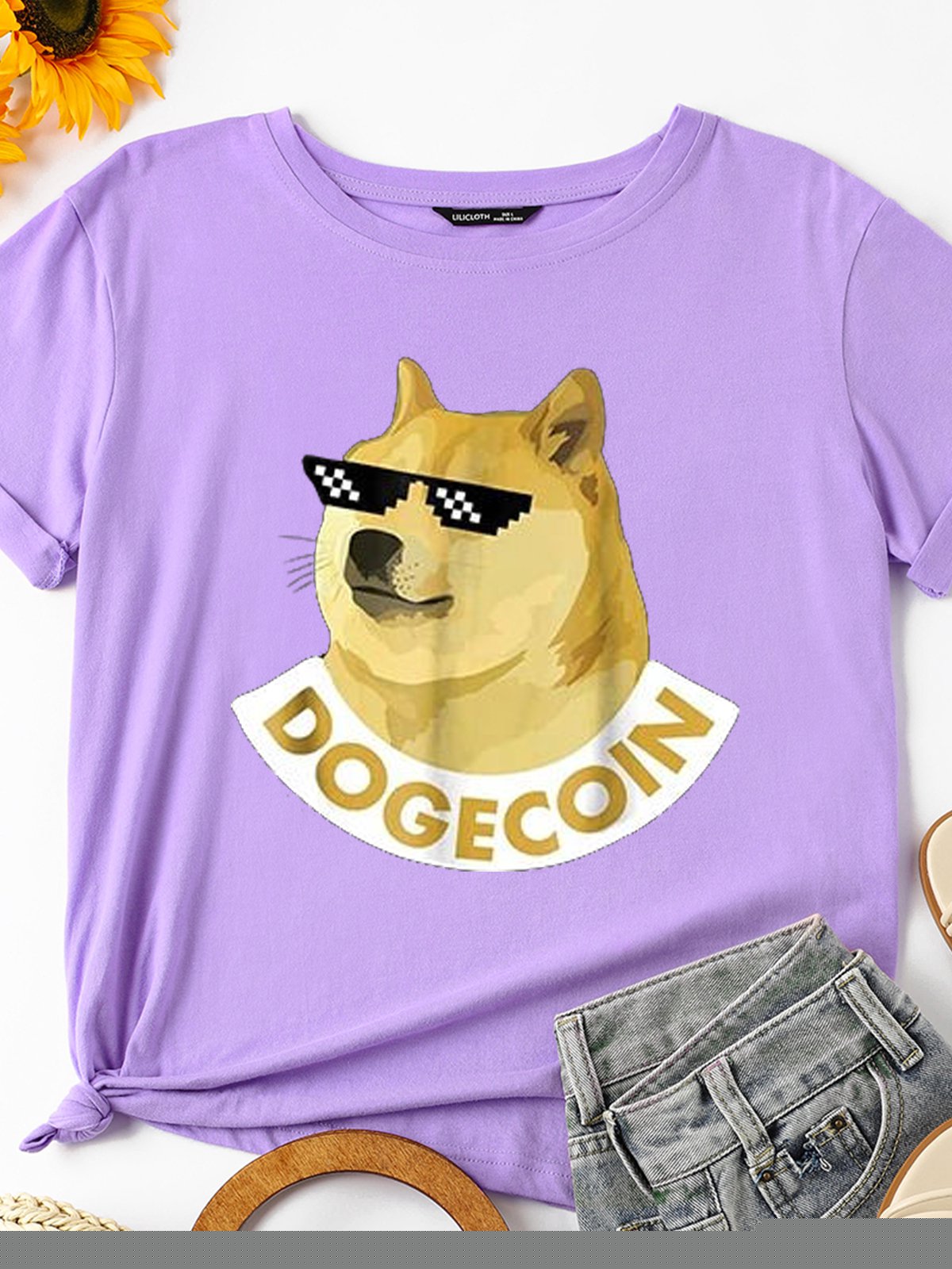 

Funny Shiba Inu Women's Cotton Shift Casual Shirts & Tops, Purple, T-shirts