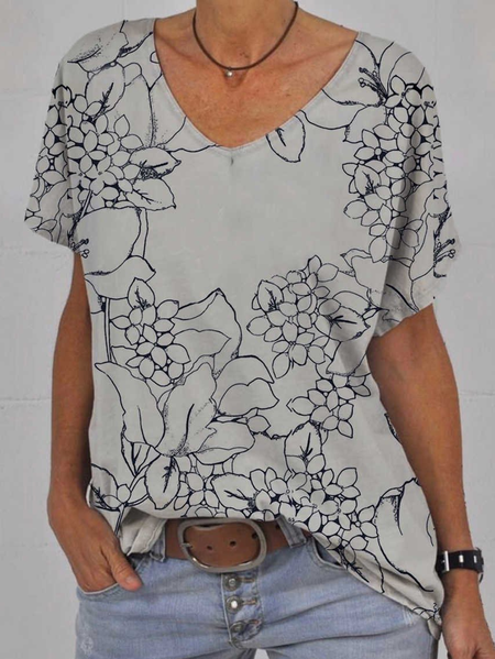 

Fashion Floral Print V-neck T-shirt Women, Gray, T-Shirts