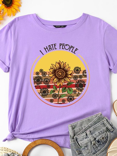 

I Hate People Sunflower Women's Crew Neck Casual Shirts & Tops, Purple, T-shirts