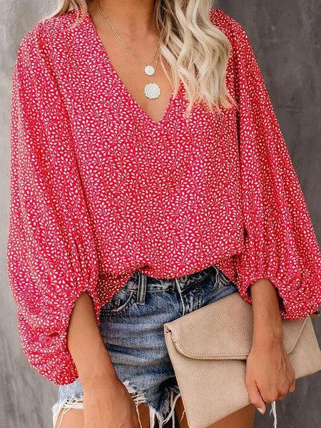 

Leisure vacation floral print long-sleeved Shirts & Tops, Red, Tops