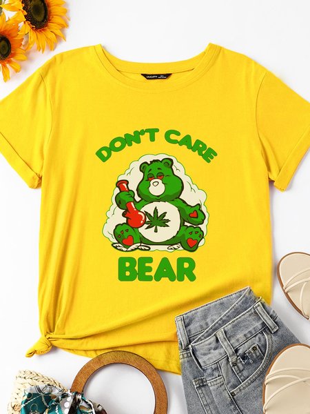 

Don't Care Bear Crew Neck Cotton-Blend Casual Shirts & Tops, Yellow, T-shirts