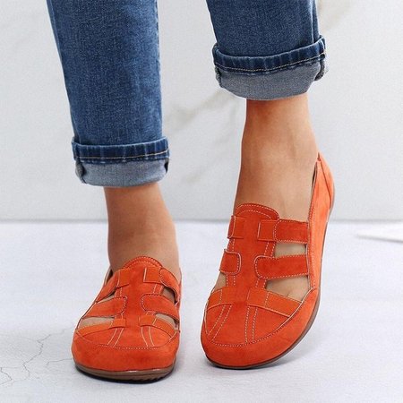 

Shallow mouth buckle belt round head sandals, Orange, Flats