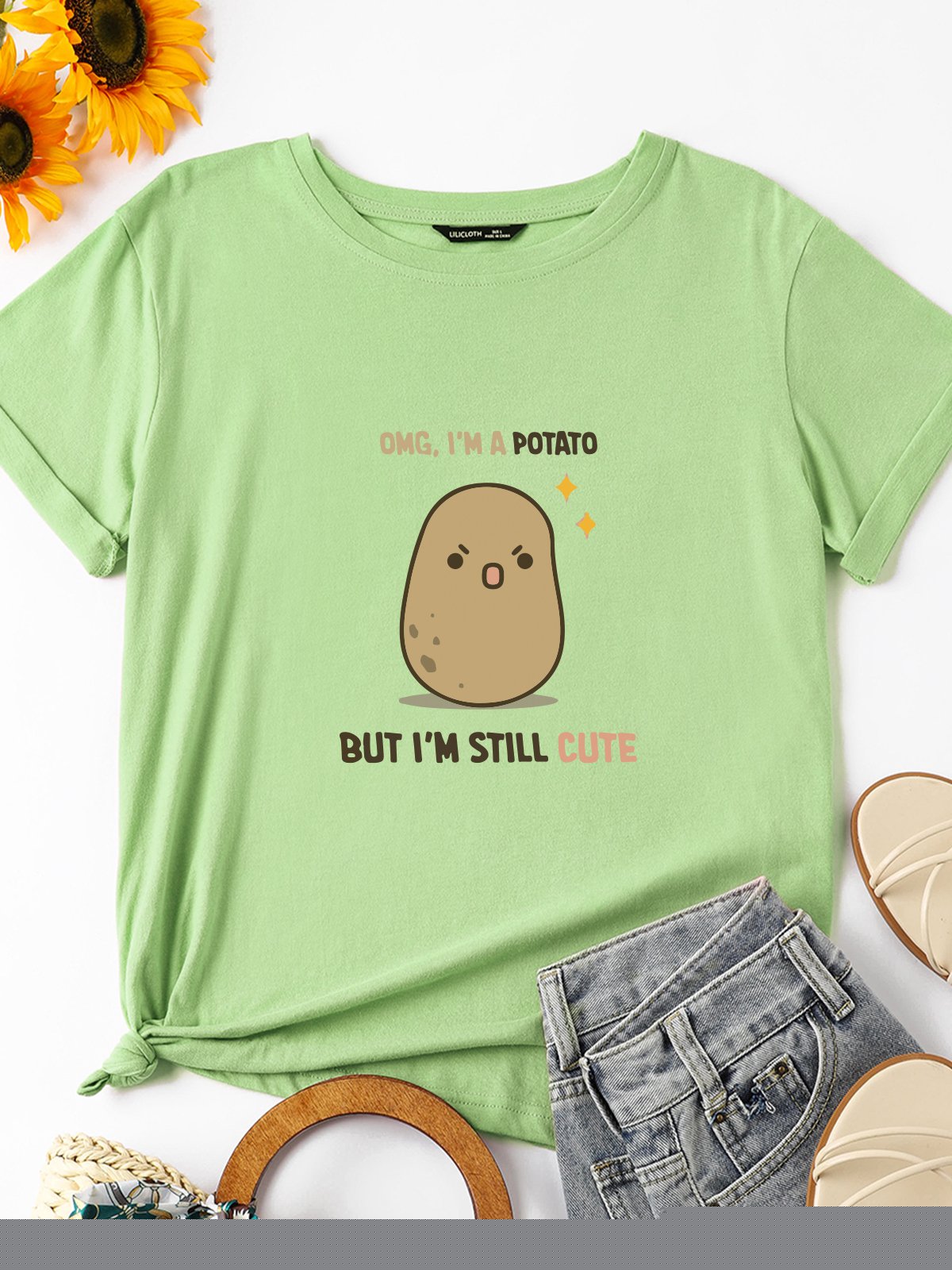

OMG I'm A Potato But I'm Still Cute Short Sleeve Crew Neck Casual Shirts & Tops, Army green, T-shirts