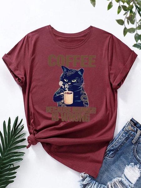 

Coffee Because Murder Is Wrong Women Funny Cat Tshirt, Wine red, T-shirts