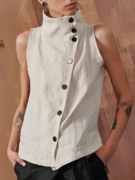 

Sleeveless Casual Buttoned Cotton Top, As picture, Blouses and Shirts